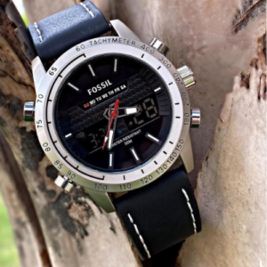 Fussil Dual Time Black Dial-Silver Bezel watch For Men’s